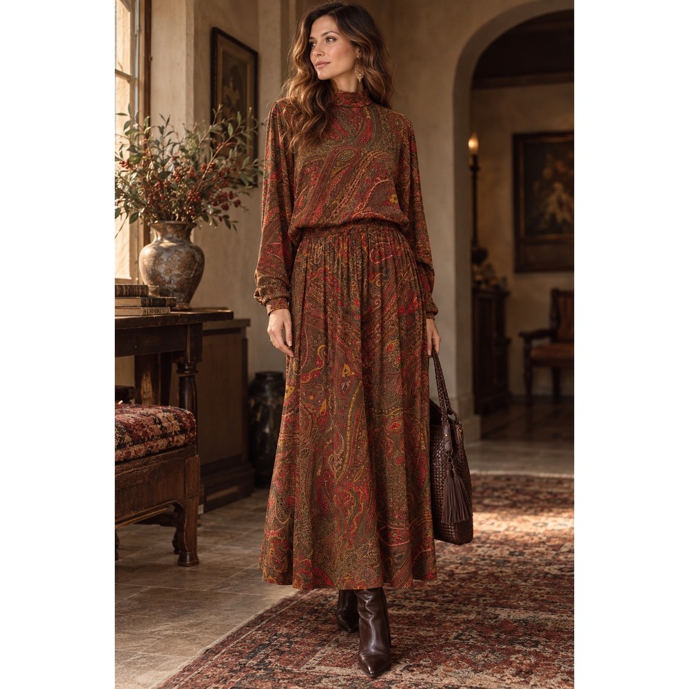Vintage 1980s Brown Paisley Maxi Dress Small Handmade Dolman Sleeve Boho